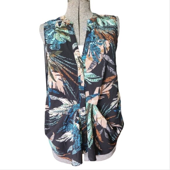 Kenar Sleeveless Shirt Women's XL V-neck Button Up Multicolour Tropical Leaves - Picture 3 of 13